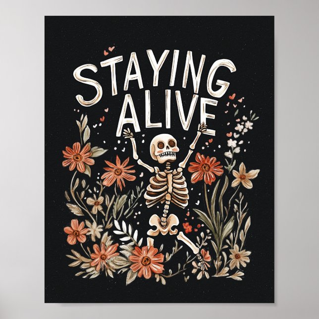 Halloween Skeleton Watercolor Blommigt Poster (Framsidan)