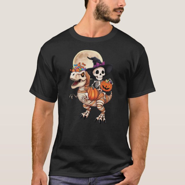 Halloween Skeleton Witch Hat Mummy Dinosaur T Rex  T Shirt (Framsida)