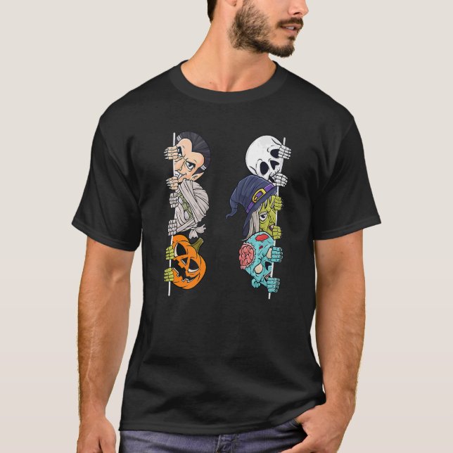 Halloween Skeleton Witch Peeking Zombie Mummy Kids T Shirt (Framsida)