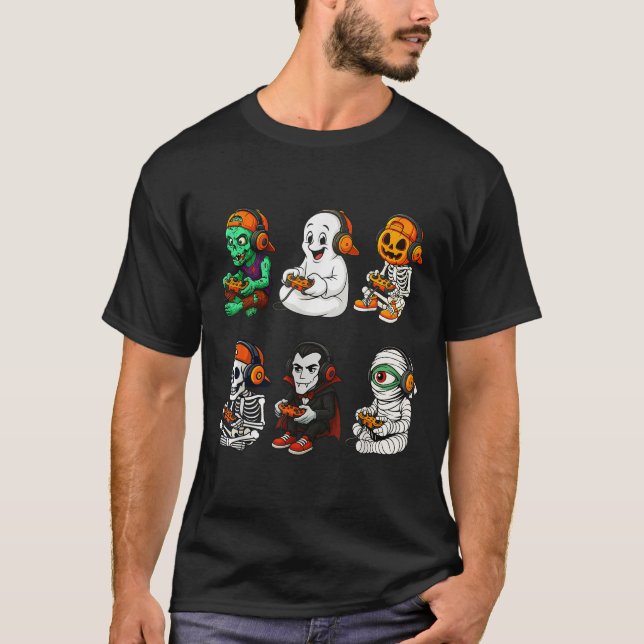 Halloween Skeleton, Zombie Gamer Video Gaming  T Shirt (Framsida)