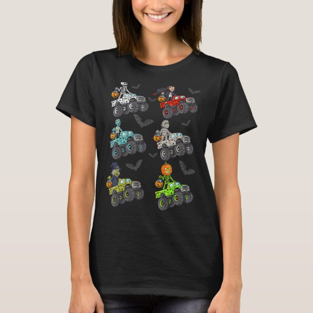 Halloween Skeleton Zombie Riding Monster Lastbil V T Shirt (Framsida)