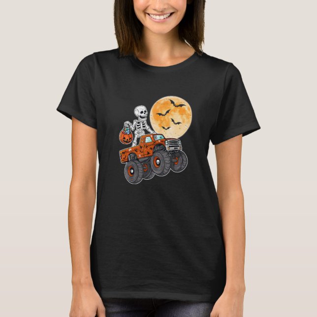 Halloween Skeleton Zombie Riding Monster Lastbil V T Shirt (Framsida)