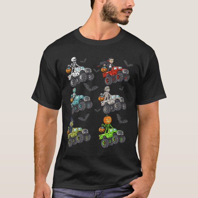 Halloween Skeleton Zombie Riding Monster Lastbil V T Shirt (Framsida)