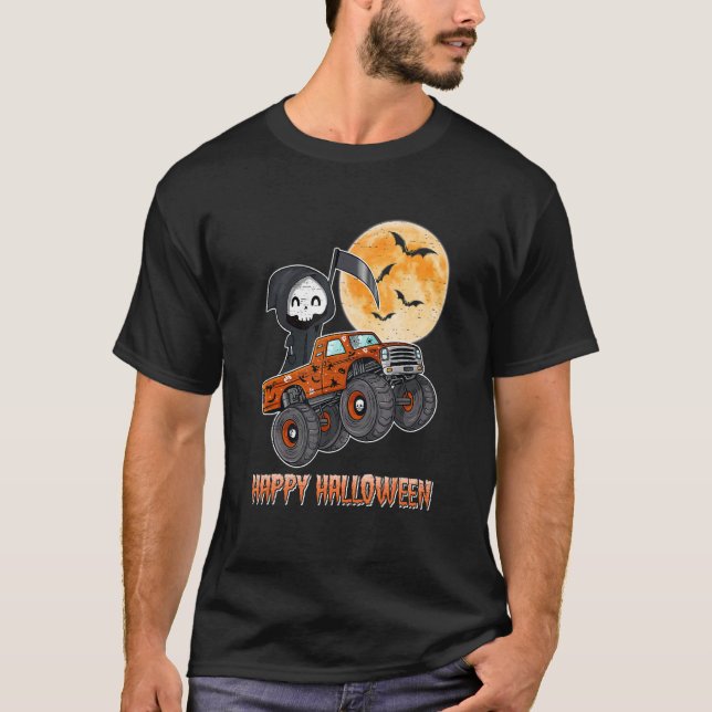 Halloween Skeleton Zombie Riding Monster Lastbil V T Shirt (Framsida)