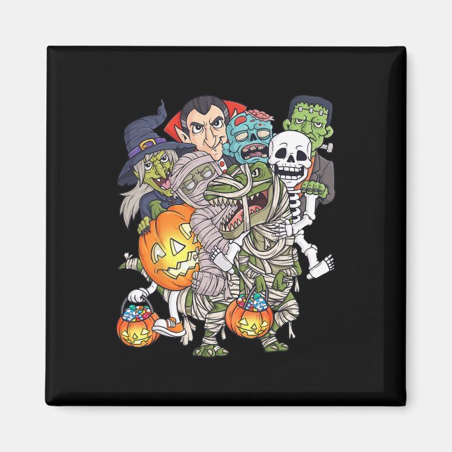 Halloween Skeleton Zombie Riding Mummy T Rex Funny Magnet (Framsidan)