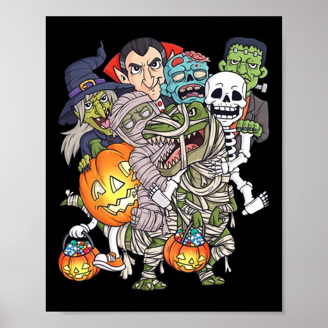 Halloween Skeleton Zombie Riding Mummy T Rex Funny Poster (Framsidan)