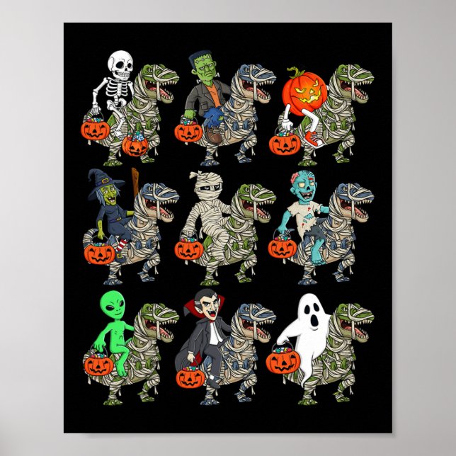 Halloween Skeleton Zombie Riding Mummy T Rex Vampi Poster (Framsidan)