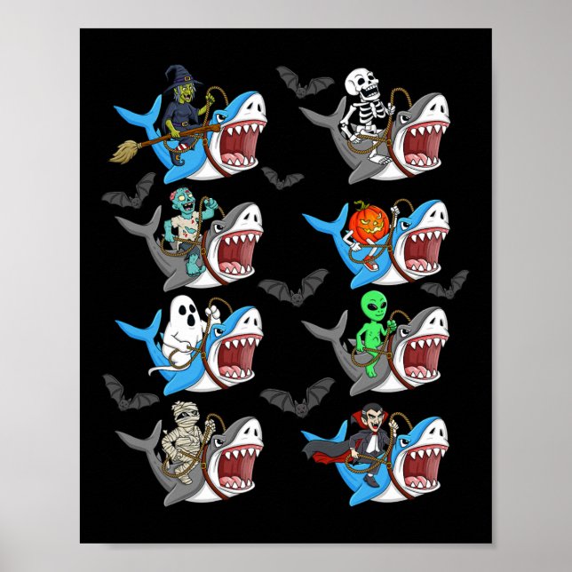 Halloween Skeleton Zombie Riding Shark Mummy Vampi Poster (Framsidan)