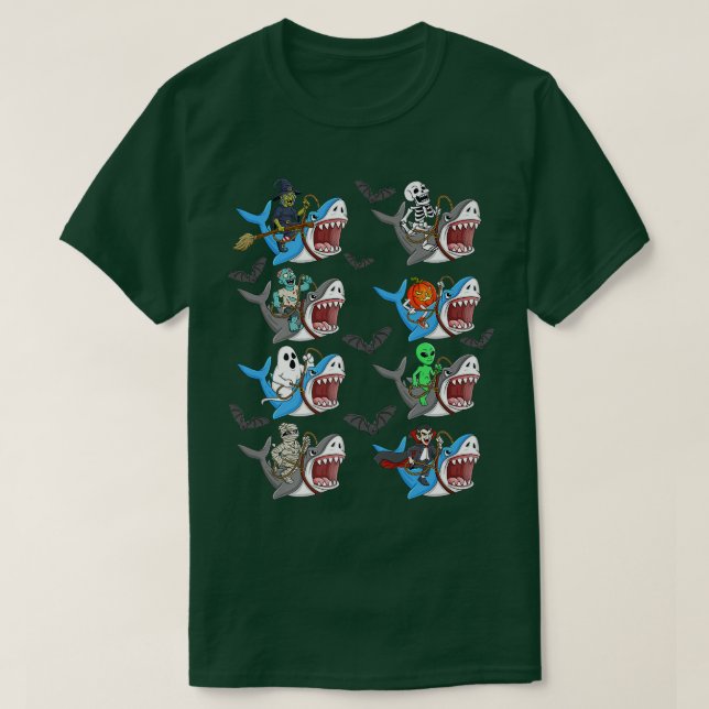 Halloween Skeleton Zombie Riding Shark Mummy Vampi T Shirt (Design framsida)