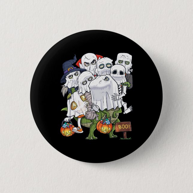 Halloween Skeleton Zombie Riding T Rex Funny Pumpk Knapp (Framsida)