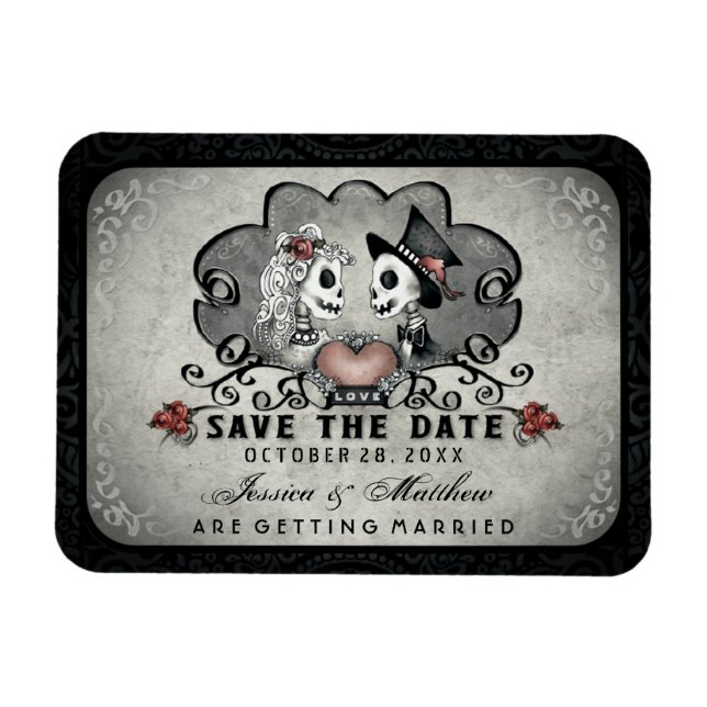 Halloween Skeletons Black Grått & Red Heart Magnet (Horisontell)