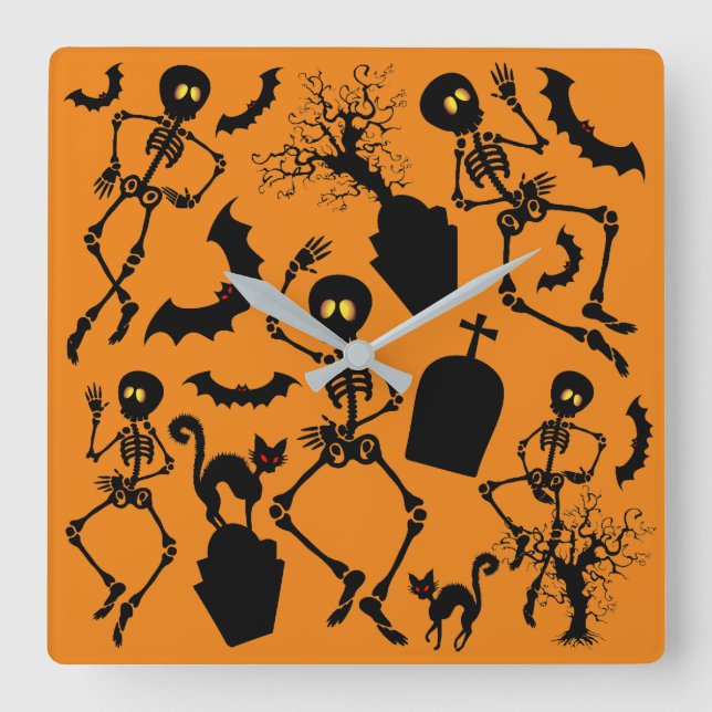 Halloween Skeletons Macabre Dance Fyrkantig Klocka (Framsida)