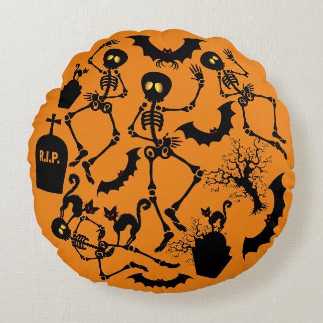 Halloween Skeletons Macabre Dance Rund Kudde (Framsidan)