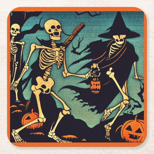 Halloween - Skeletons Woodcut 2 Underlägg Papper Kvadrat (Framsidan)