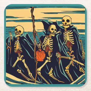 Halloween - Skeletons Woodcut 3 Underlägg Papper Kvadrat