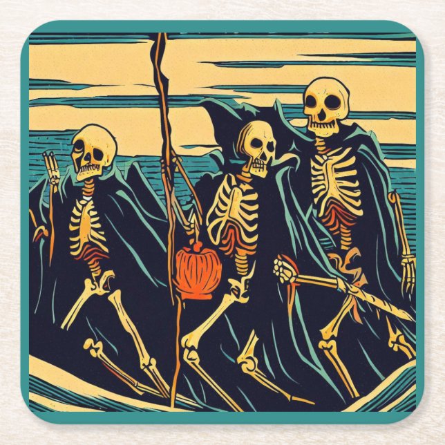 Halloween - Skeletons Woodcut 3 Underlägg Papper Kvadrat (Framsidan)