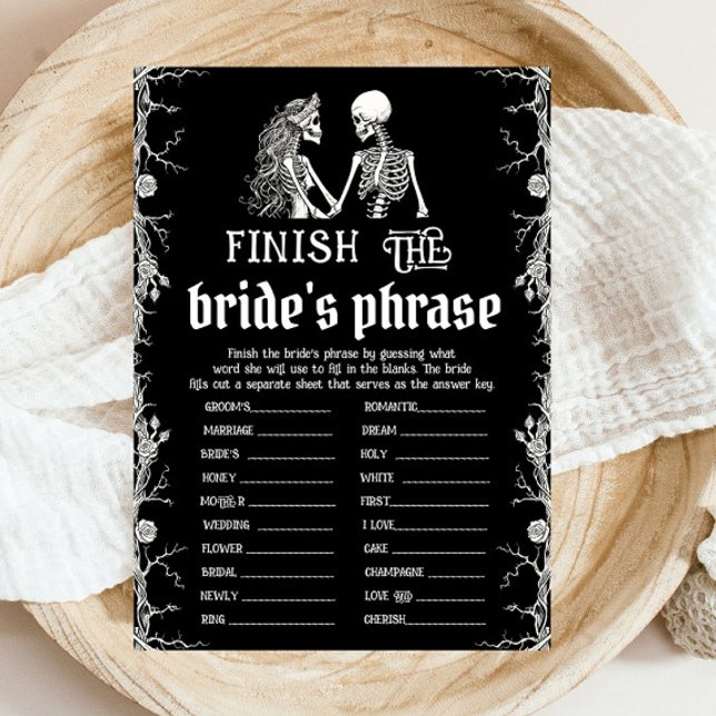 Halloween-skelett avsluta brudens fras spel inbjudningar (Halloween Skeleton Finish the Bride's Phrase Game)