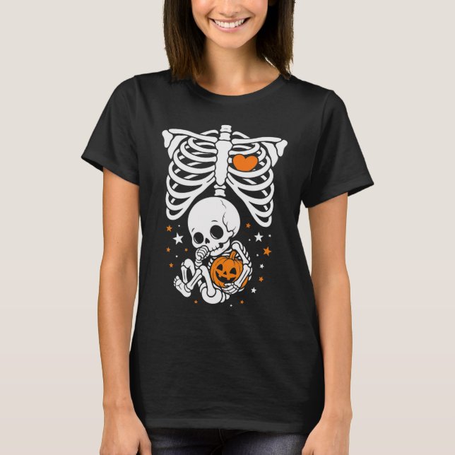Halloween skelett bebis revben Gravid pumpa  T Shirt (Framsida)