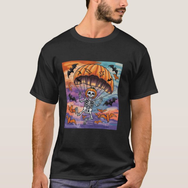 Halloween skelett fallskärmshopp t shirt (Framsida)