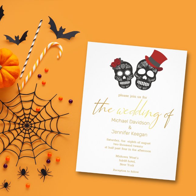 halloween skelett guld modern bröllopsinbjudan reklamblad (Skapare uppladdad)
