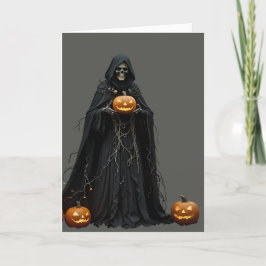 Halloween skelett iförd svart huva och kappa utkli helgkort