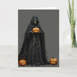 Halloween skelett iförd svart huva och kappa utkli helgkort