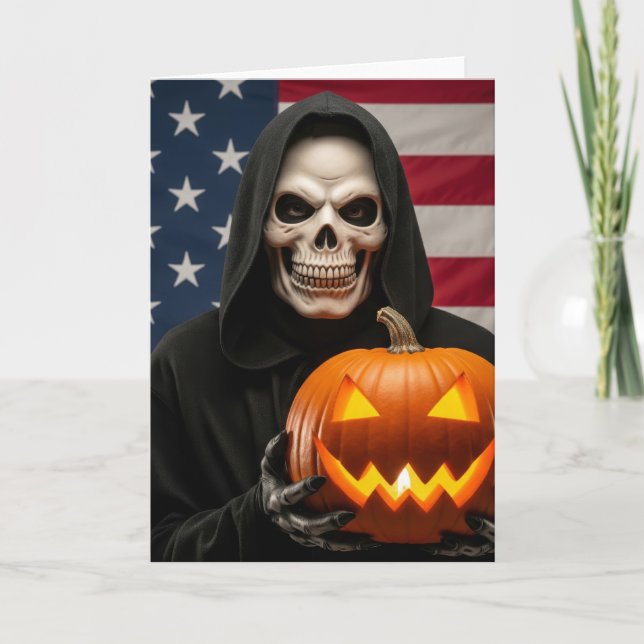 Halloween-skelett med kardad pumpkin kort (Framsida)
