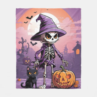 Halloween-skelett med svart katt och pumpa fleecefilt