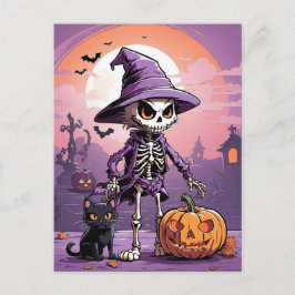 Halloween-skelett med svart katt och pumpa vykort