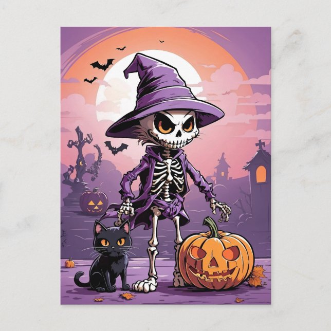 Halloween-skelett med svart katt och pumpa vykort (Framsida)