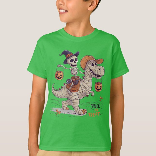 Halloween-skelett på mumifierad dinosaurie t shirt (Framsida)