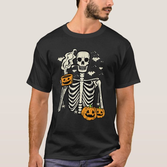 Halloween Skelett Pumpa Höst Kaffe Rolig Kostym T Shirt (Framsida)