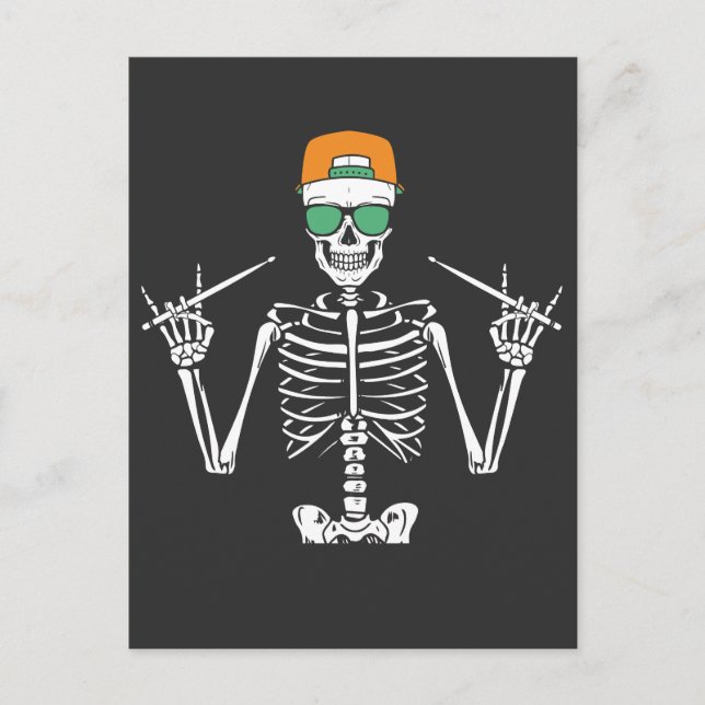 Halloween skelett rockhand trummor spelar vykort (Framsida)