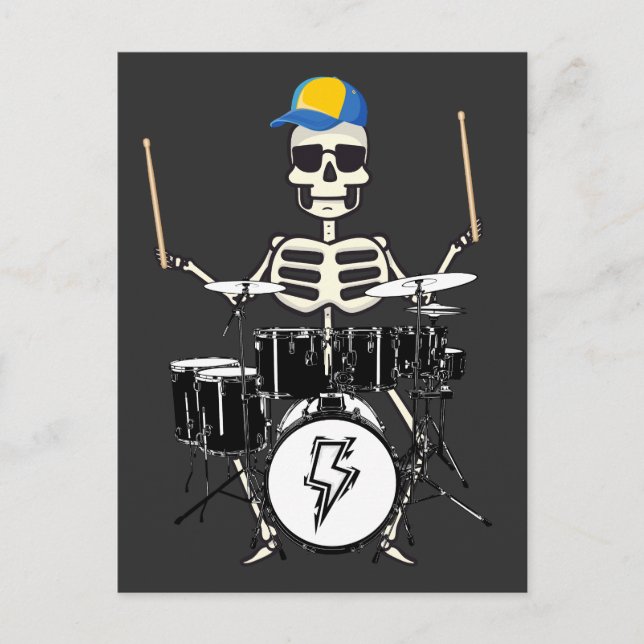 Halloween skelett rockhand trummor spelar vykort (Framsida)