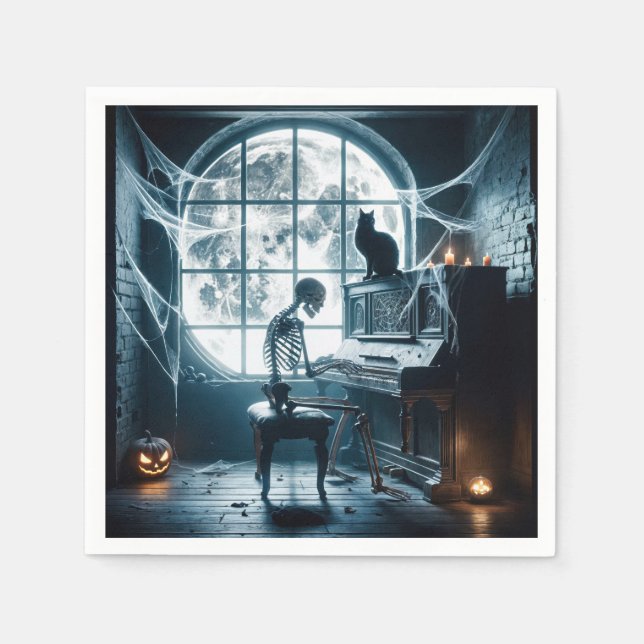 Halloween-skelett som spelar piano pappersservett (Framsidan)