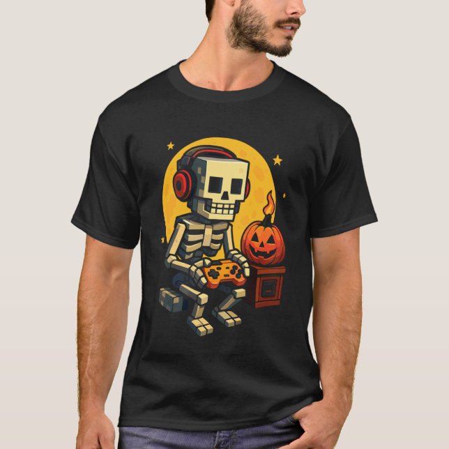 Halloween skelett-spelare Pixel-videospel pojkar M T Shirt (Framsida)
