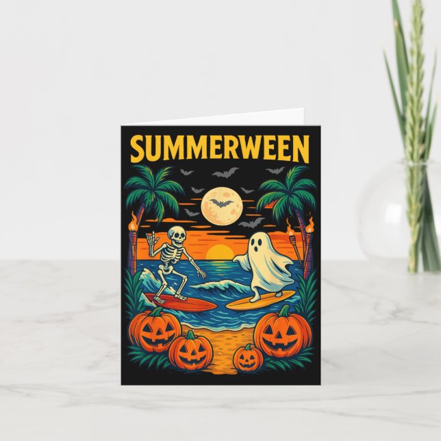 Halloween skelett spökstrand kostym läskig kort (Framsida)