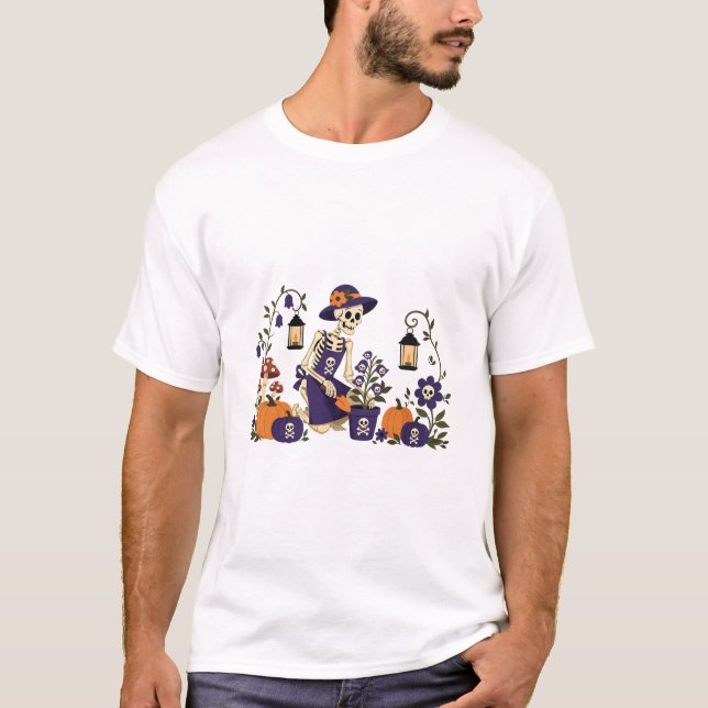 Halloween Skelett Trädgårdsmästare Pumpa Patch T Shirt (Framsida)