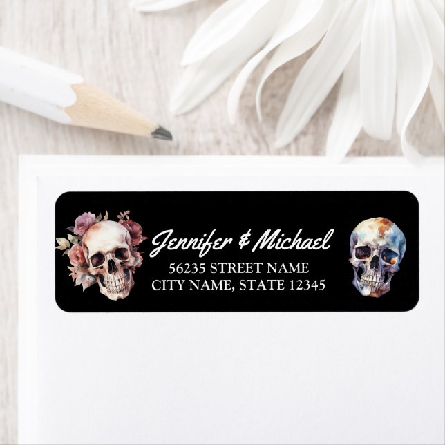 halloween skeletts gothic bröllop black adress returadress etikett (Insitu)