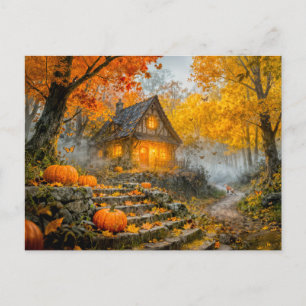 Halloween Skogsstuga med pumpor, stenväg Vykort