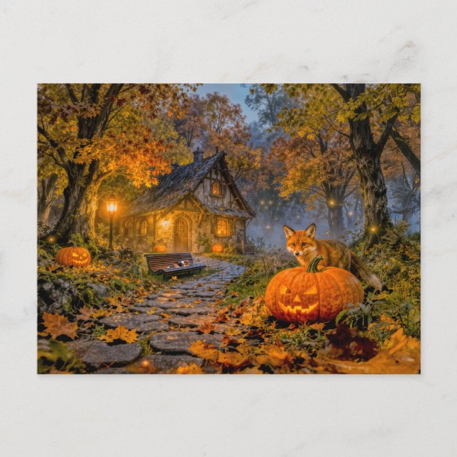Halloween Skogsstuga med Räv Vykort (Framsida)