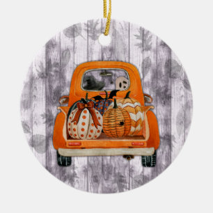 Halloween-skördeorange pickupare lastbil med pumpk julgransprydnad keramik