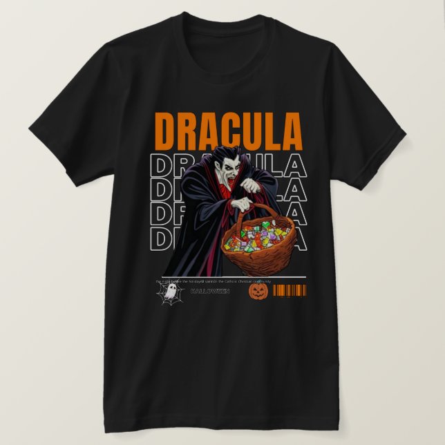 Halloween-skräck 2024, Dracula samlar in godis T Shirt (Design framsida)
