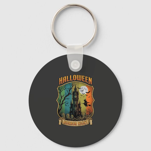 Halloween Skräck Natt Spökhus Häxa Full Månad Nyckelring (Framsida)