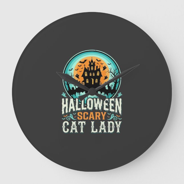 Halloween Skräckig kattdam Haunted House Design_1 Stor Klocka (Framsida)