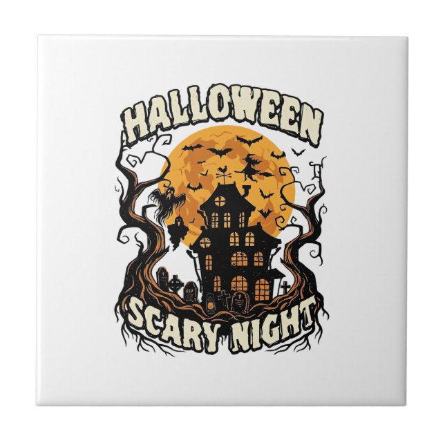 Halloween Skräcknatt Spökhus Fullmåne Häxa Kakelplatta (Framsidan)