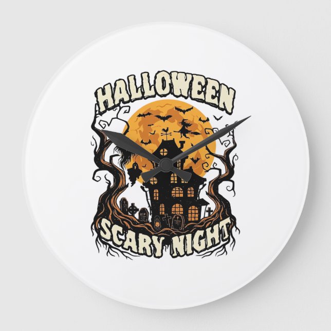 Halloween Skräcknatt Spökhus Fullmåne Häxa Stor Klocka (Framsida)