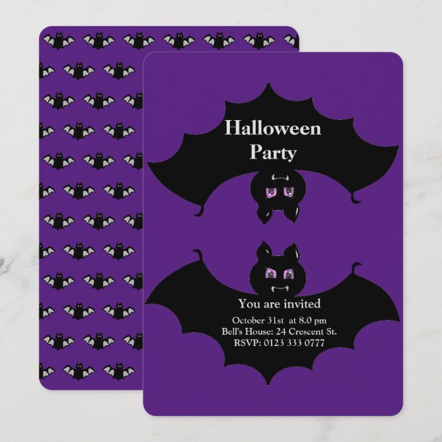 Halloween skrämmande fladdermöss på kunglig lila inbjudningar (Fram/baksida)