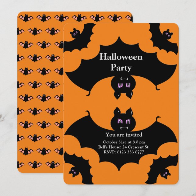 Halloween skrämmande fladdermöss på orange inbjudningar (Fram/baksida)