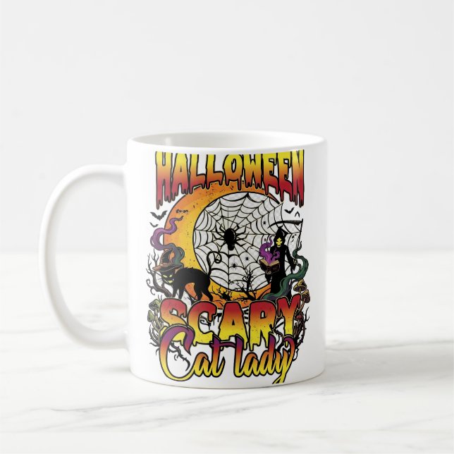 Halloween Skrämmande Katt Dam Dödens Skördare Måne Kaffemugg (Vänster)